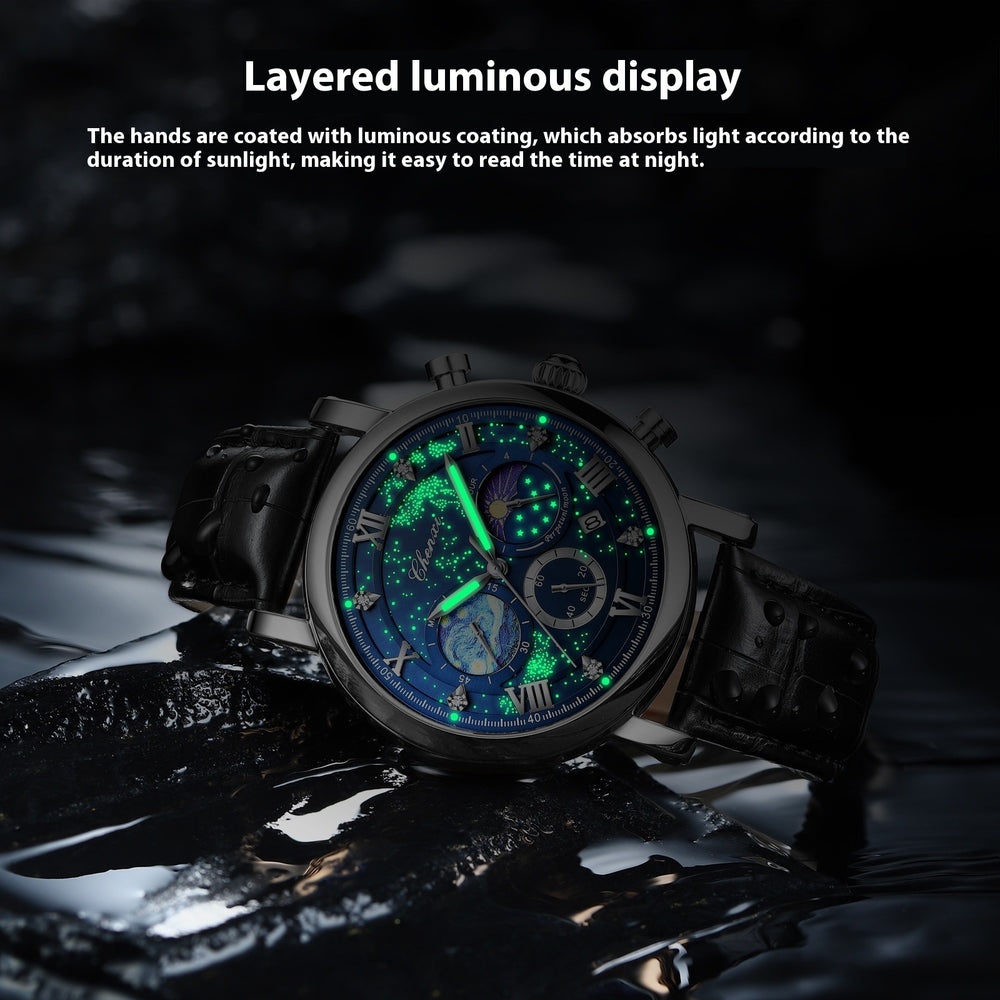 Luxury luminous watch with glowing green hands and starry blue dial, set on wet black stone.