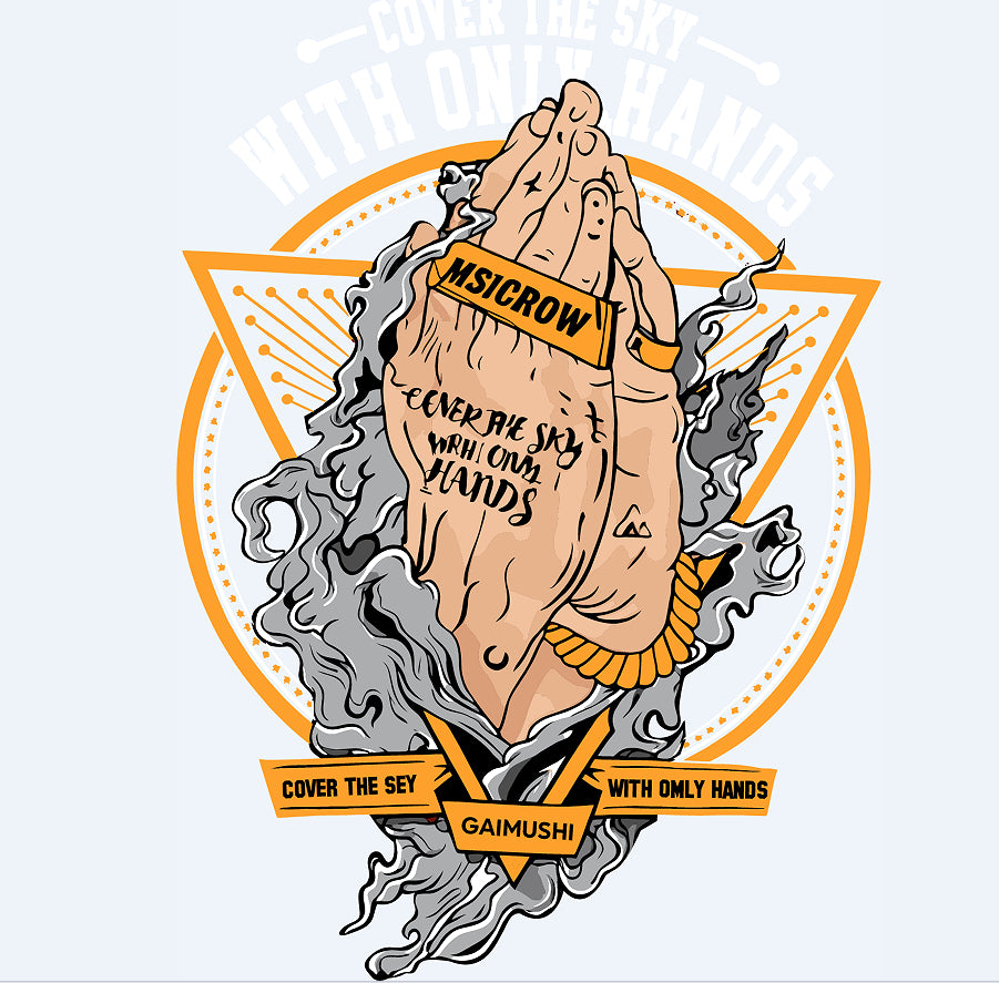 Praying hands with 'MSICROW' band, smoke, and 'Cover the Sky' text in bold orange design