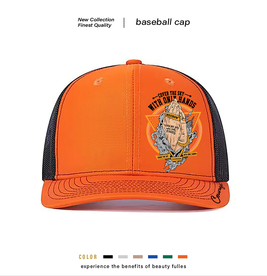 Vibrant orange baseball cap with bold graphic design, mesh back, and 'Courage' script on brim