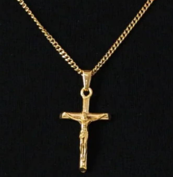 Gold crucifix pendant on chain, luxury religious jewelry with minimalist design