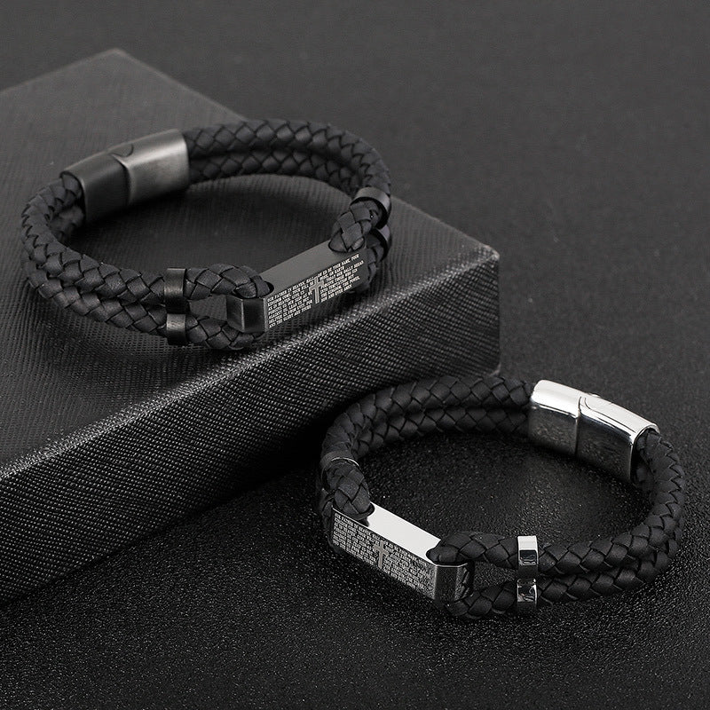 Black braided leather bracelet with engraved metal plate, minimalist luxury accessory for men