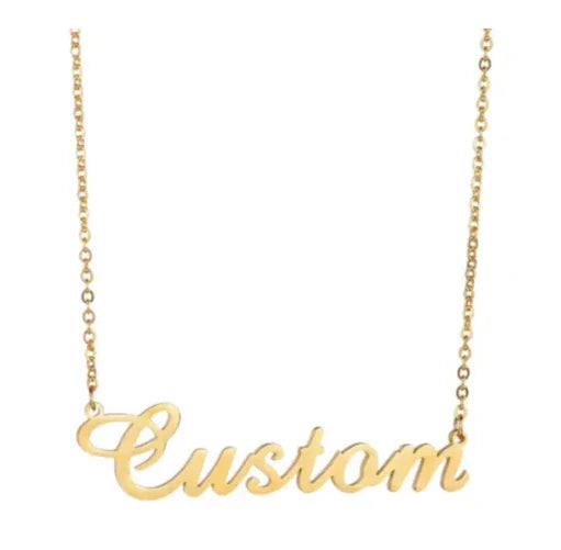 Gold custom name necklace with cursive script pendant on delicate chain, minimalist luxury jewelry design