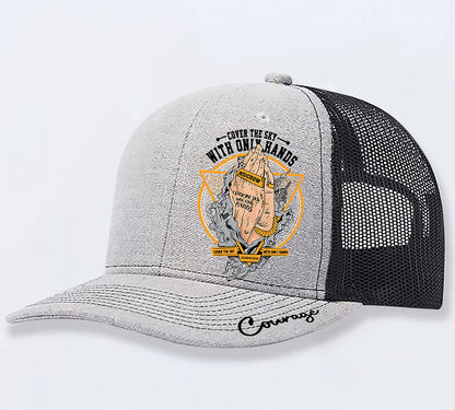 Gray and black trucker hat with 'Cover the Sky with Only Hands' graphic and 'Courage' script on brim