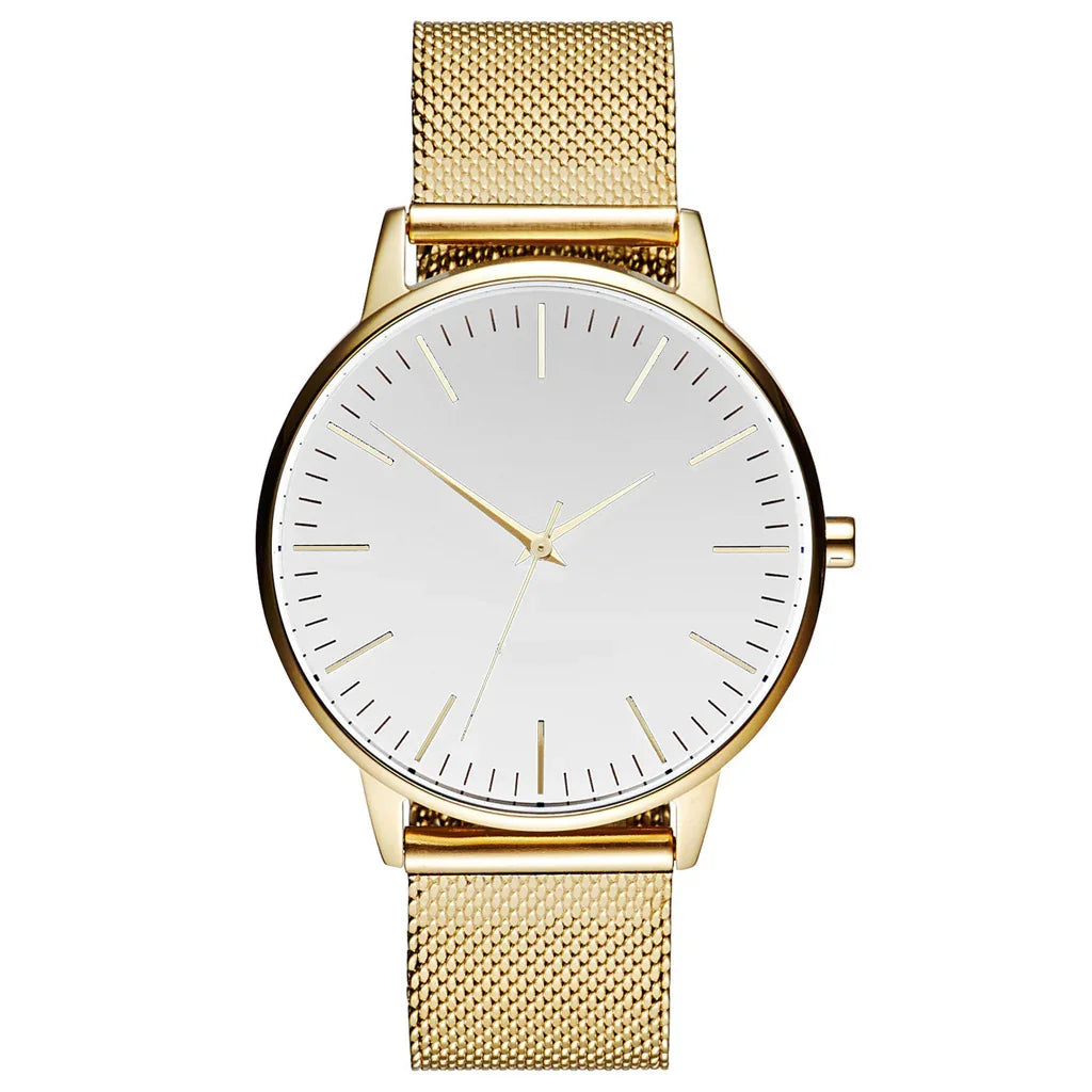 Gold minimalist watch with mesh strap and white dial, luxury timepiece design