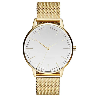 Gold minimalist watch with mesh strap and white dial, luxury timepiece design