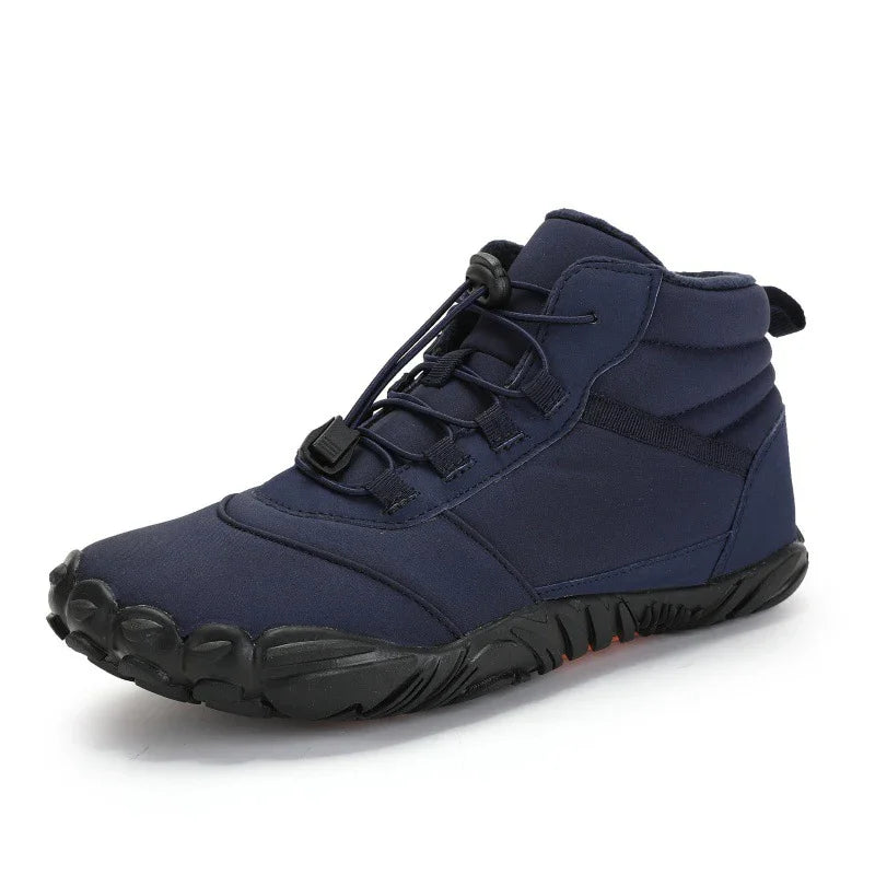Navy blue high-top sneaker with black laces and rugged sole, minimalist design, premium quality footwear