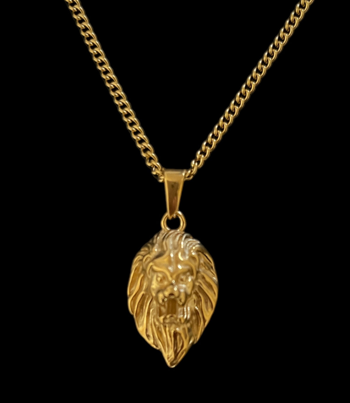 Gold lion head pendant on curb chain necklace, luxury minimalist jewelry design