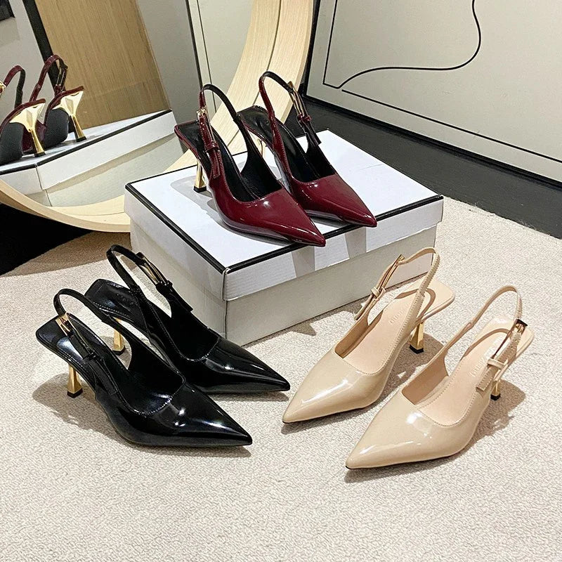 Elegant pointed-toe slingback heels in black, burgundy, and beige with gold heels, minimalist luxury design