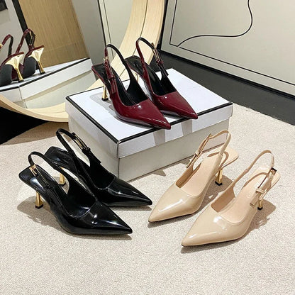 Elegant pointed-toe slingback heels in black, burgundy, and beige with gold heels, minimalist luxury design