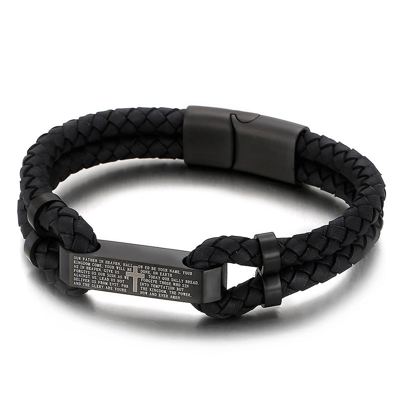 Black braided leather bracelet with engraved prayer and cross, minimalist luxury men's jewelry