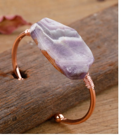 Handcrafted copper cuff bracelet with natural purple agate stone, minimalist luxury jewelry design