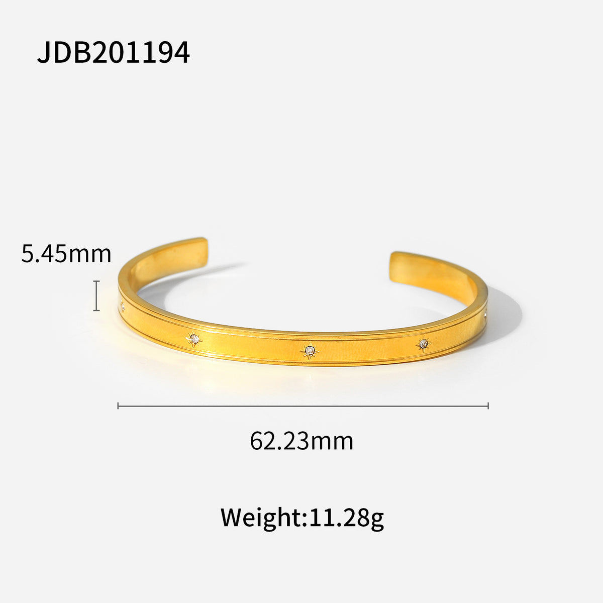 Gold cuff bracelet with star-set crystals, minimalist luxury jewelry, 5.45mm width, 62.23mm diameter