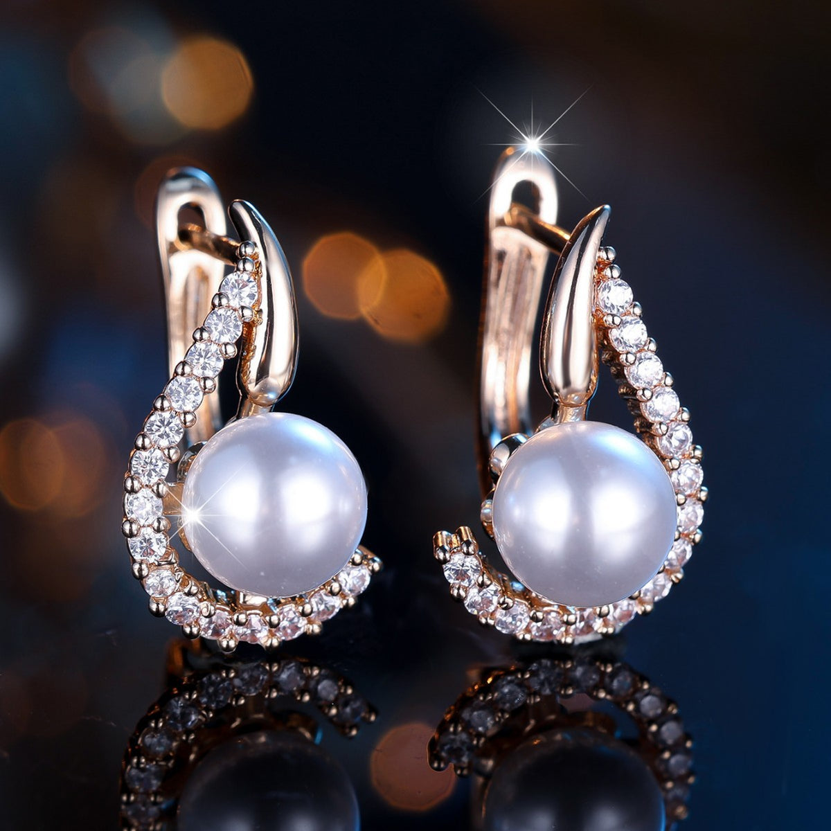 Elegant pearl earrings with diamond accents, luxury minimalist design on reflective surface