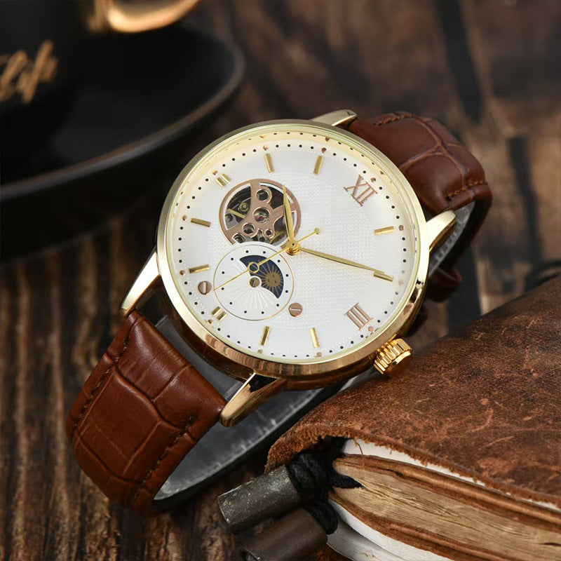 Men's Automatic Mechanical Watch Genuine Leather Strap Waterproof Round Dial Fashion Wristwatch