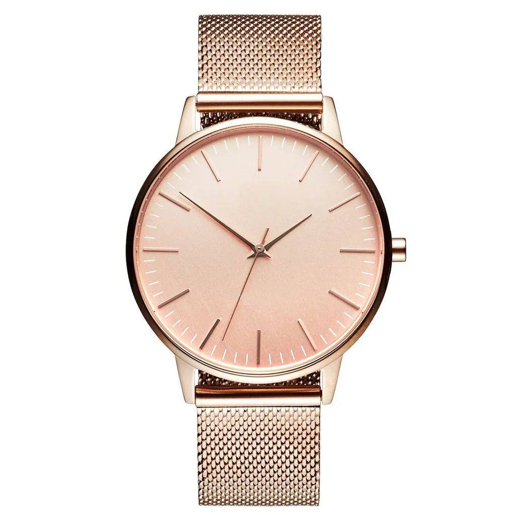 Rose gold minimalist watch with mesh band, sleek design for everyday luxury