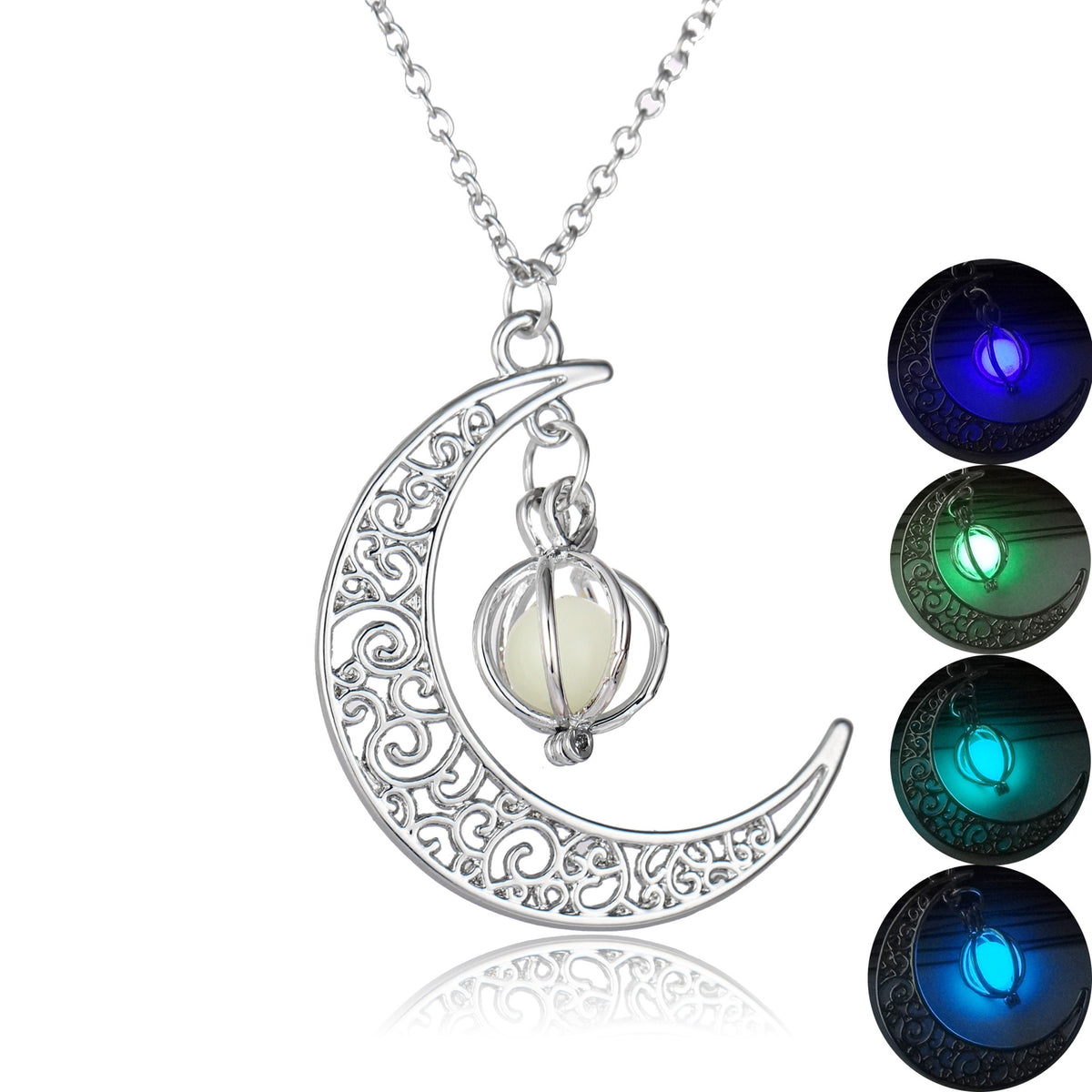 Silver crescent moon necklace with glowing orb pendant, featuring intricate filigree and color-changing light effects.