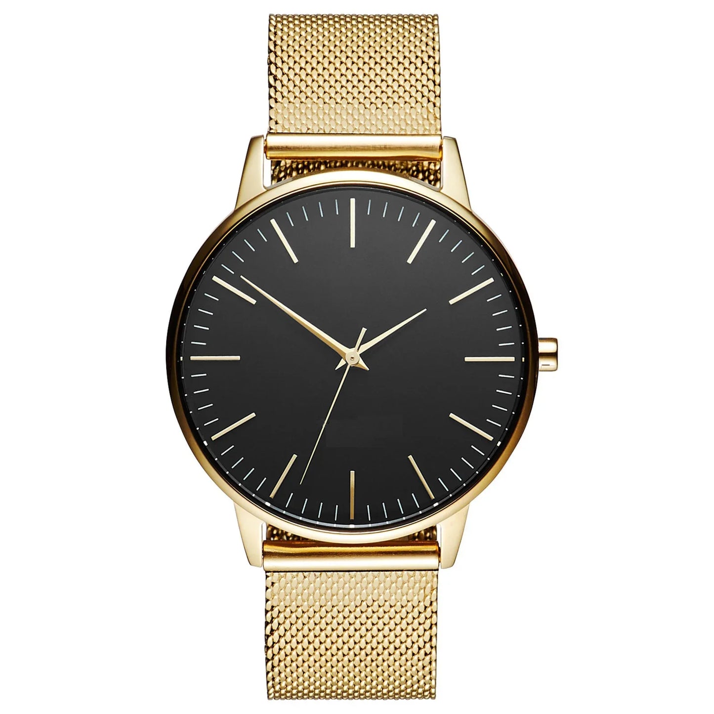 Gold mesh strap watch with black dial, minimalist luxury timepiece