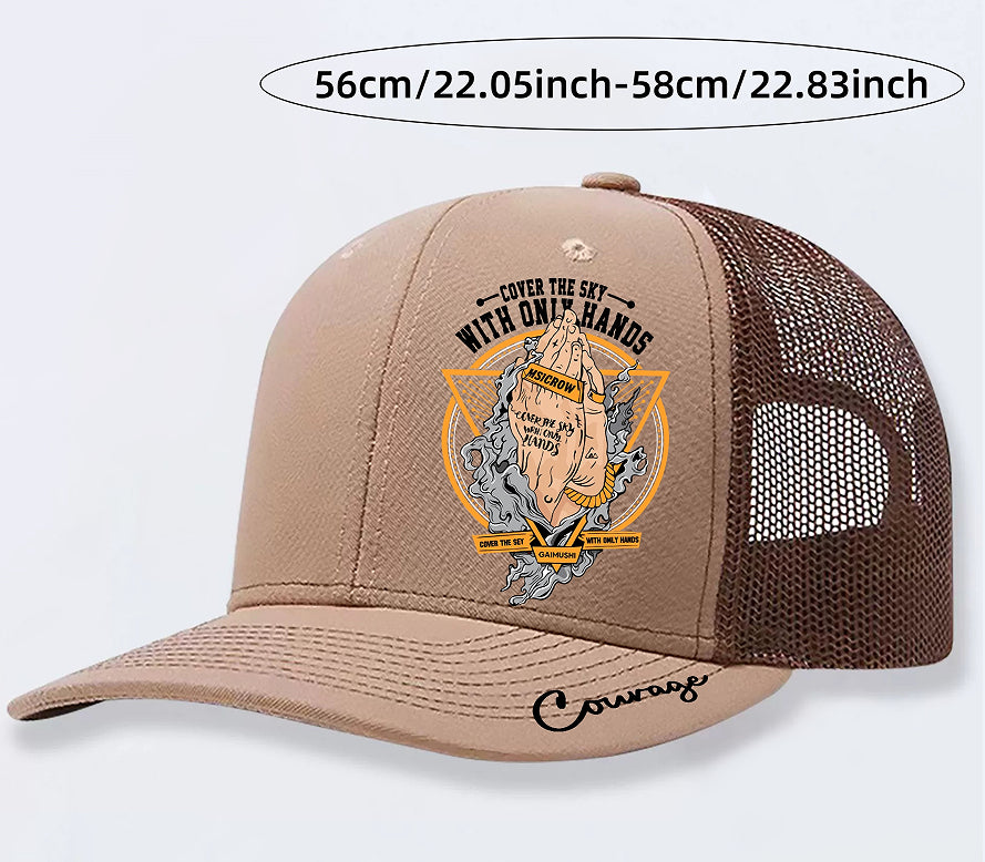 Tan trucker hat with 'Cover the Sky' graphic, mesh back, and 'Courage' script on brim