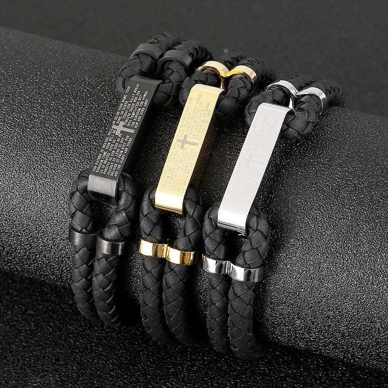 Men's braided leather bracelets with cross engravings, stainless steel tags in black, gold, silver finishes