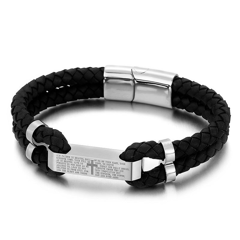 Black braided leather bracelet with engraved stainless steel plate, minimalist luxury design