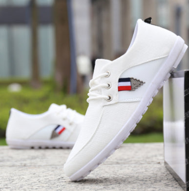 White canvas sneakers with flag emblem, minimalist design, premium quality footwear