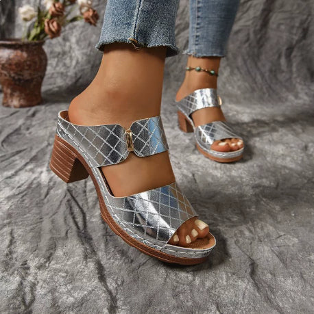 VTX Plaid Chunky Heel Slide Sandal - lifestyle