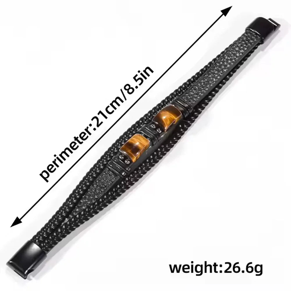 Black braided bracelet with amber stones, 21cm perimeter, 26.6g weight — minimalist luxury accessory