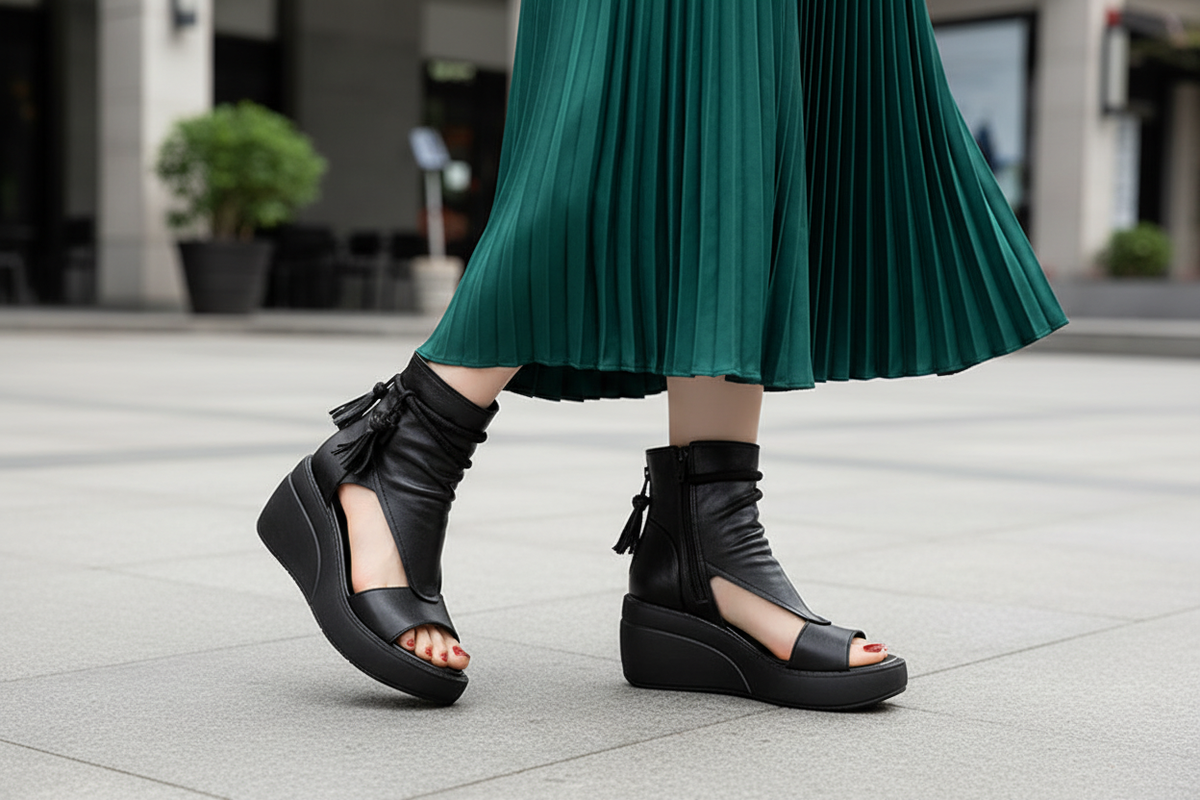 Black leather wedge sandals with tassels, worn with emerald pleated skirt, urban street style