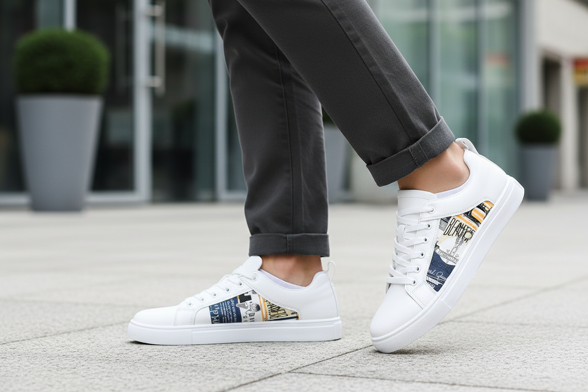 White low-top sneakers with vintage graphic print, worn with cuffed gray pants on urban pavement