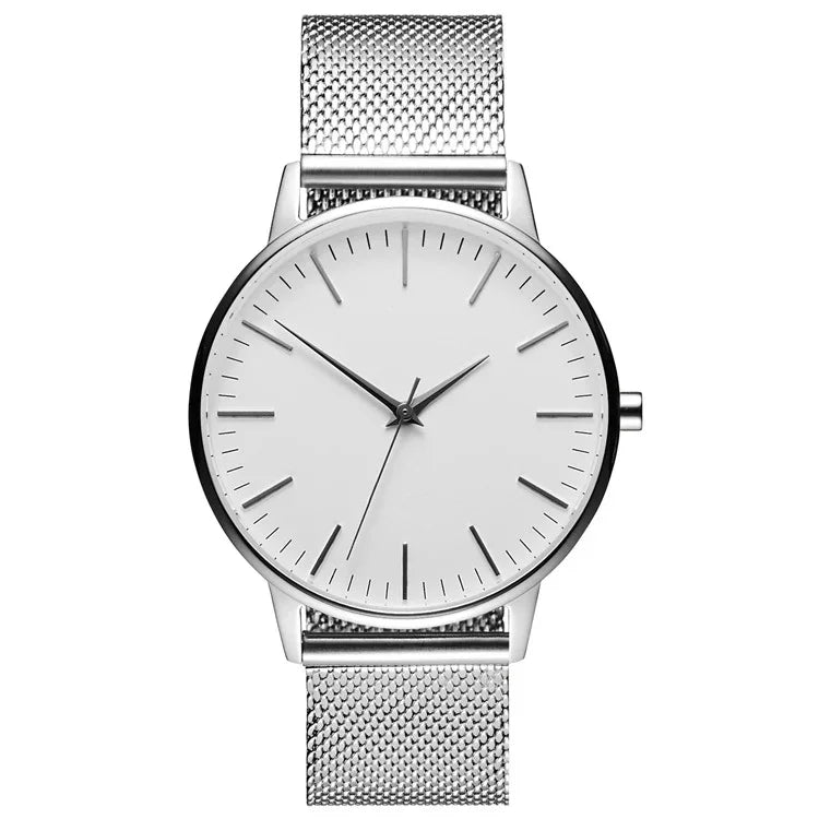 Minimalist silver mesh strap watch with clean white dial and sleek design