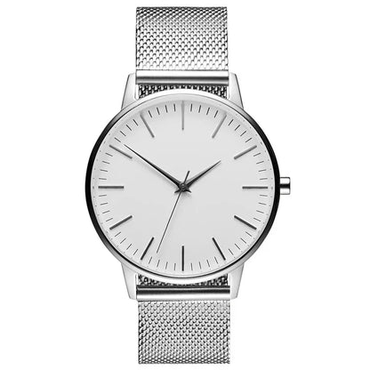 Minimalist silver mesh strap watch with clean white dial and sleek design