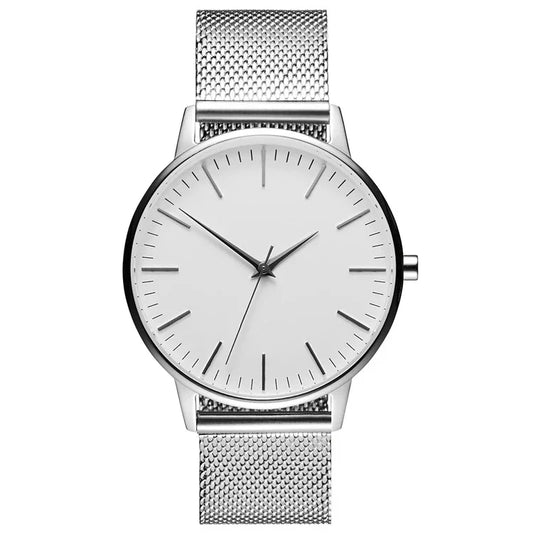 Minimalist silver mesh strap watch with clean white dial and sleek design