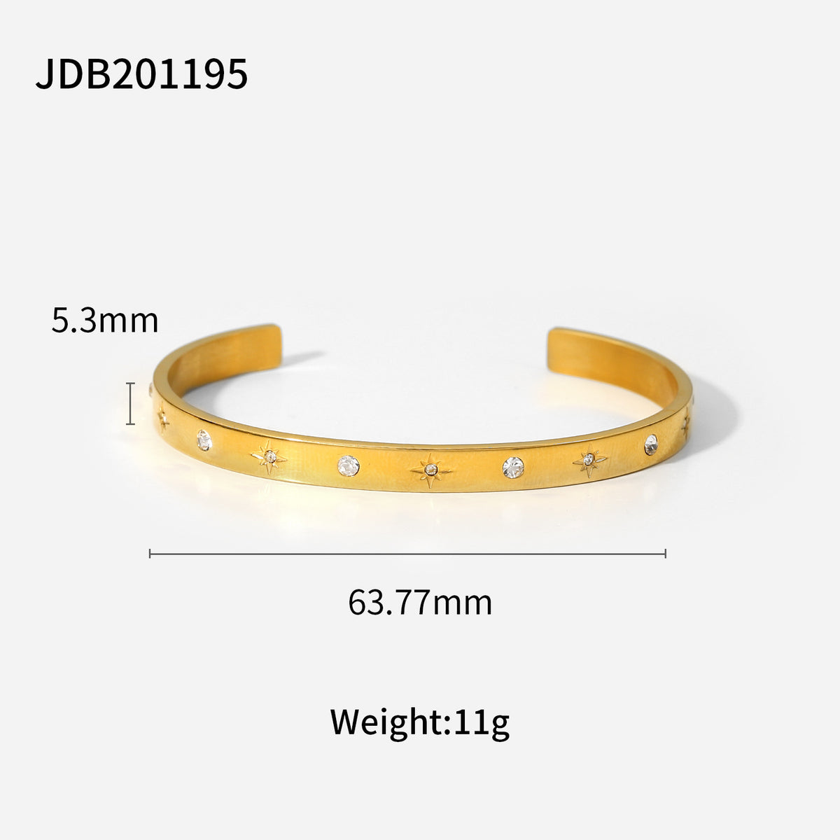 Gold cuff bracelet with star and crystal accents, 5.3mm width, minimalist luxury jewelry design