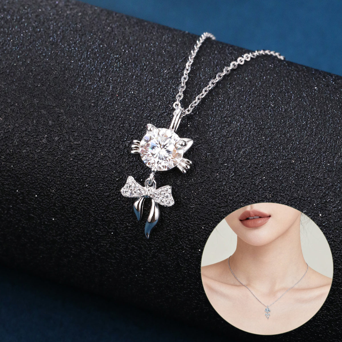 Silver cat pendant necklace with crystal bow charm, minimalist luxury jewelry for women