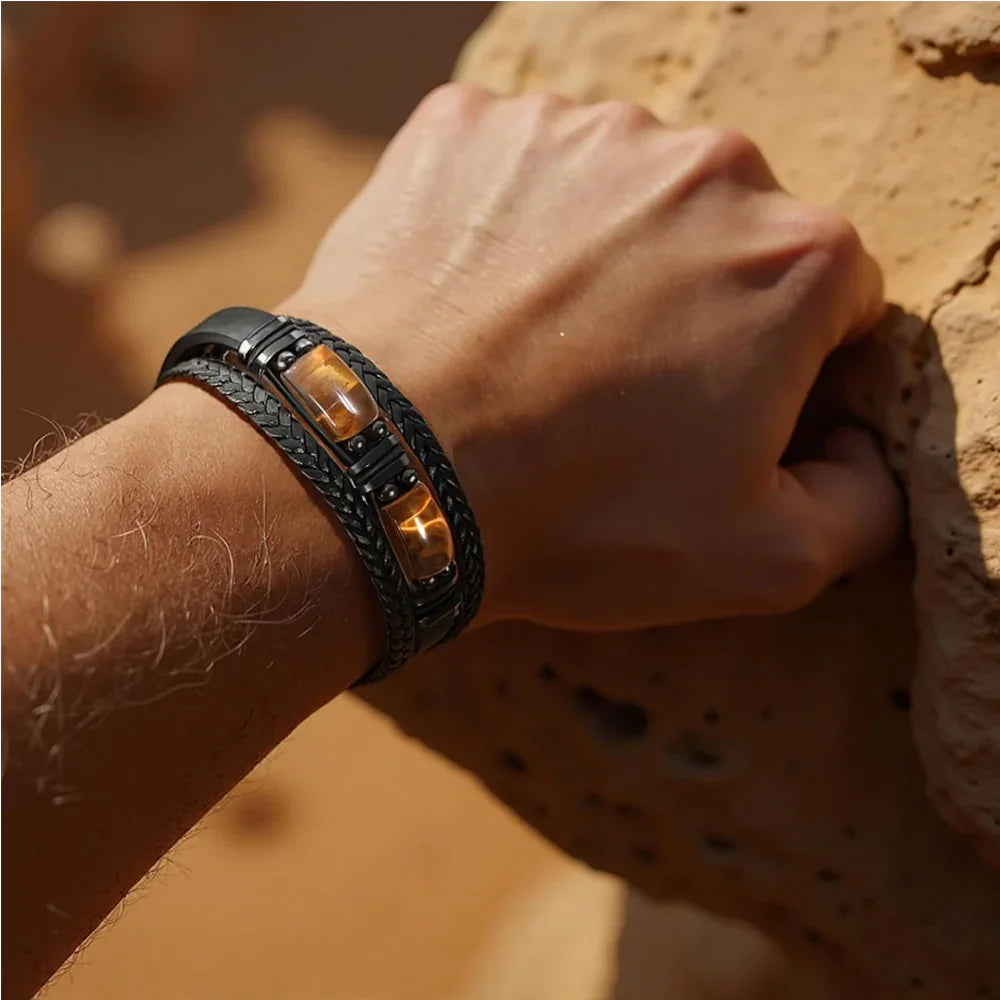 Men's braided leather bracelet with amber stones, rugged outdoor style