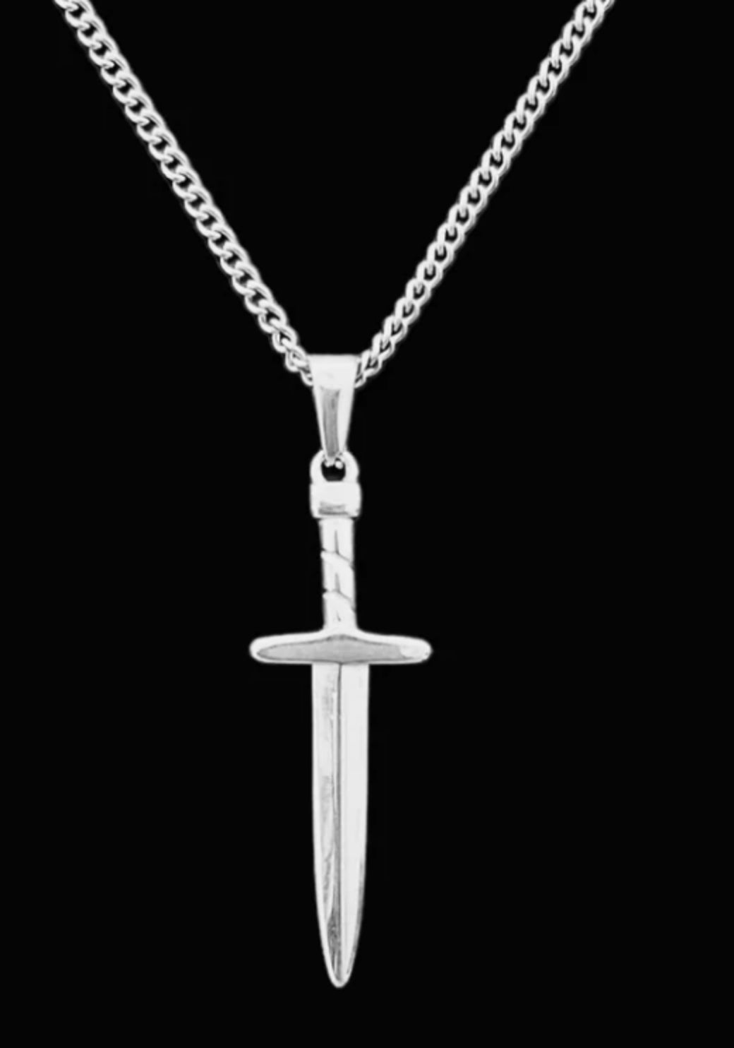 Silver dagger pendant necklace with curb chain, minimalist luxury jewelry design