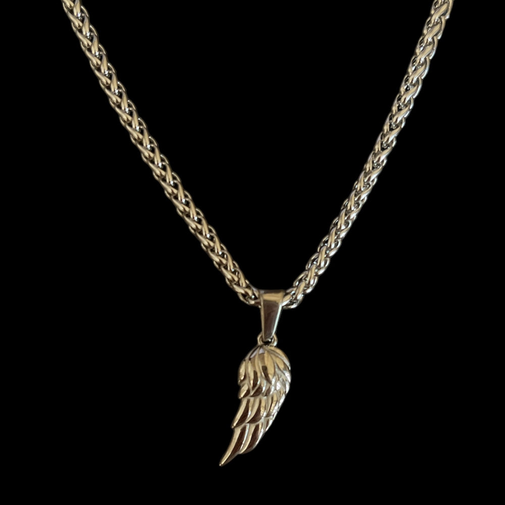 Gold angel wing pendant necklace with braided chain, minimalist luxury jewelry design