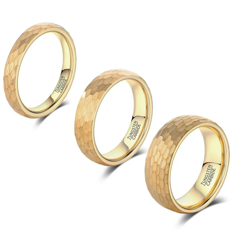 Luxury tungsten carbide rings with hammered gold finish, minimalist design for modern elegance