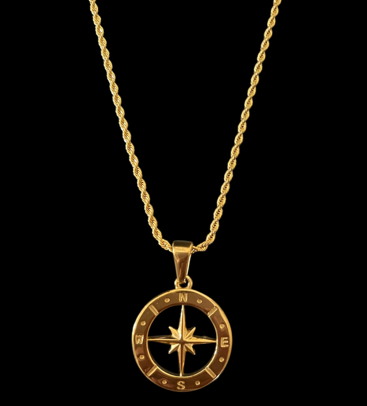 Gold compass pendant necklace with rope chain, minimalist luxury jewelry design