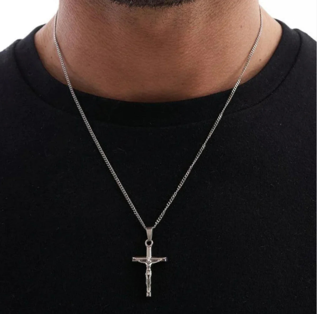 Men's silver crucifix pendant necklace with chain, minimalist luxury jewelry