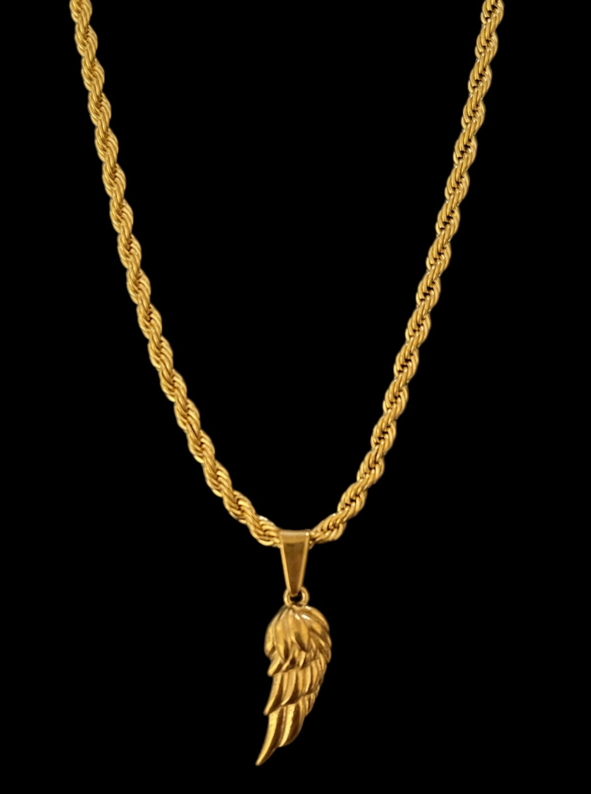 Gold rope chain necklace with angel wing pendant, luxury minimalist jewelry design