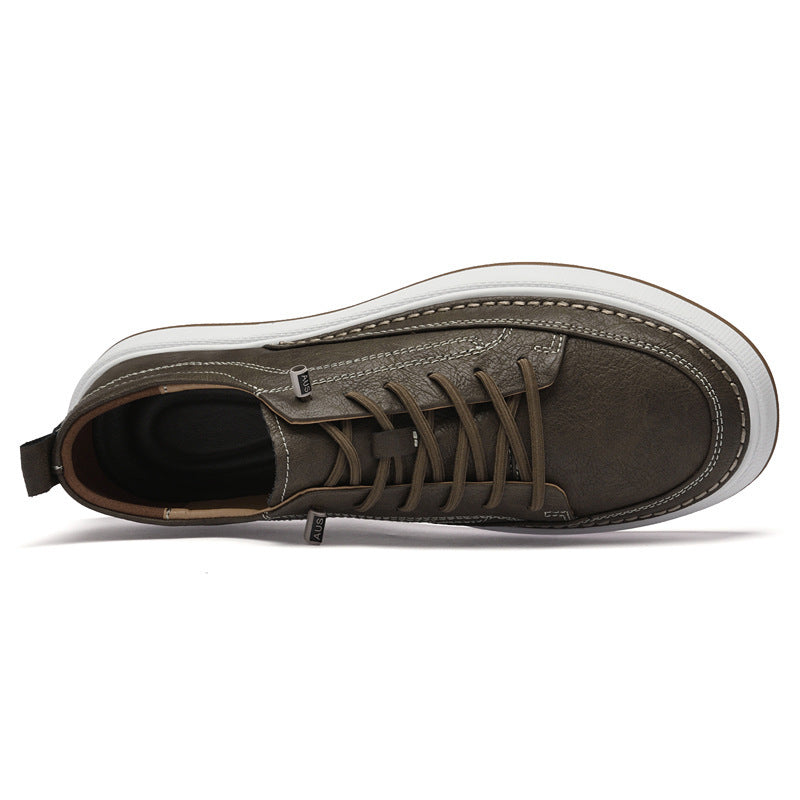 Olive green leather sneaker with white sole, minimalist design, handcrafted details, premium quality footwear