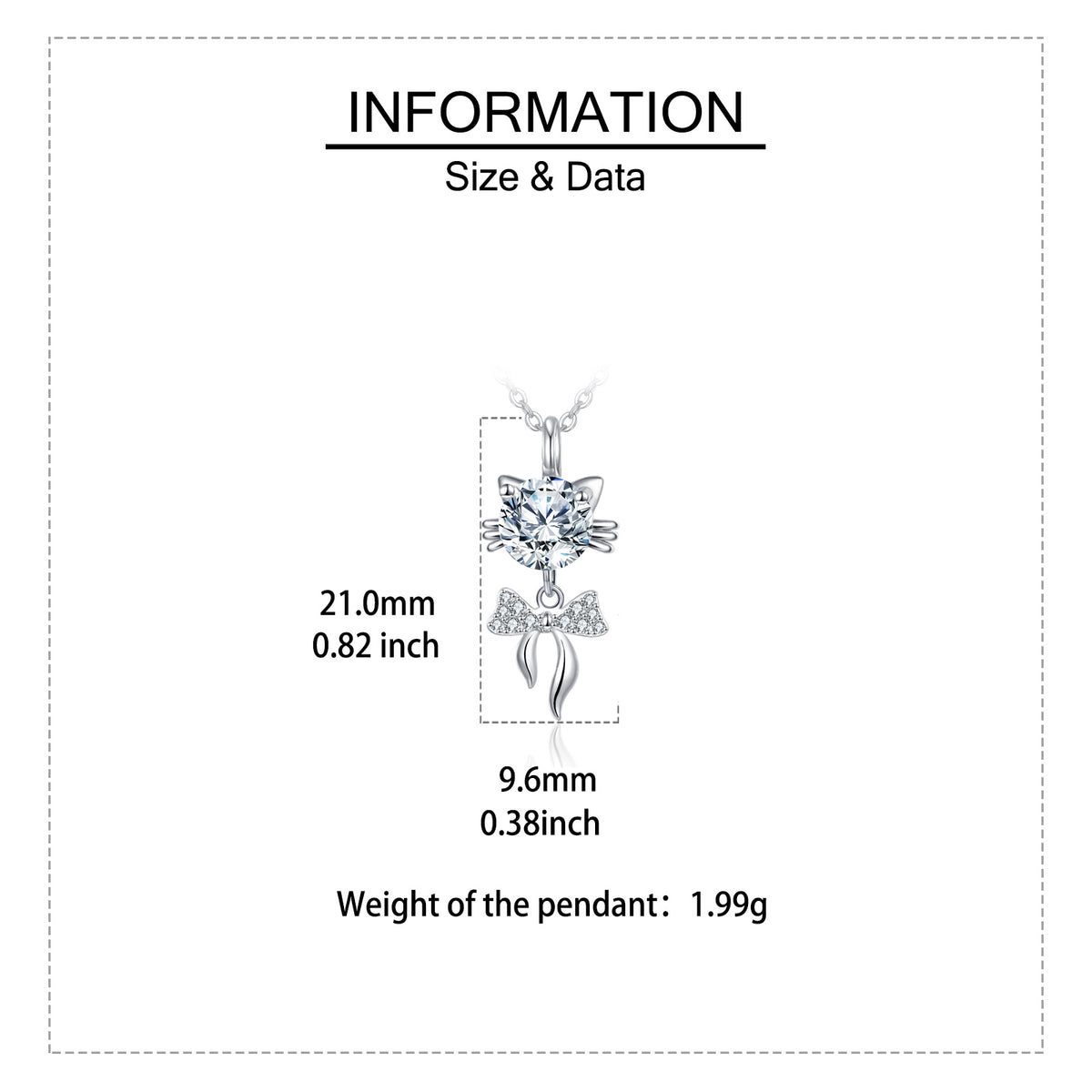 Cat-shaped pendant necklace with crystal bow, 21mm, 1.99g — minimalist luxury jewelry