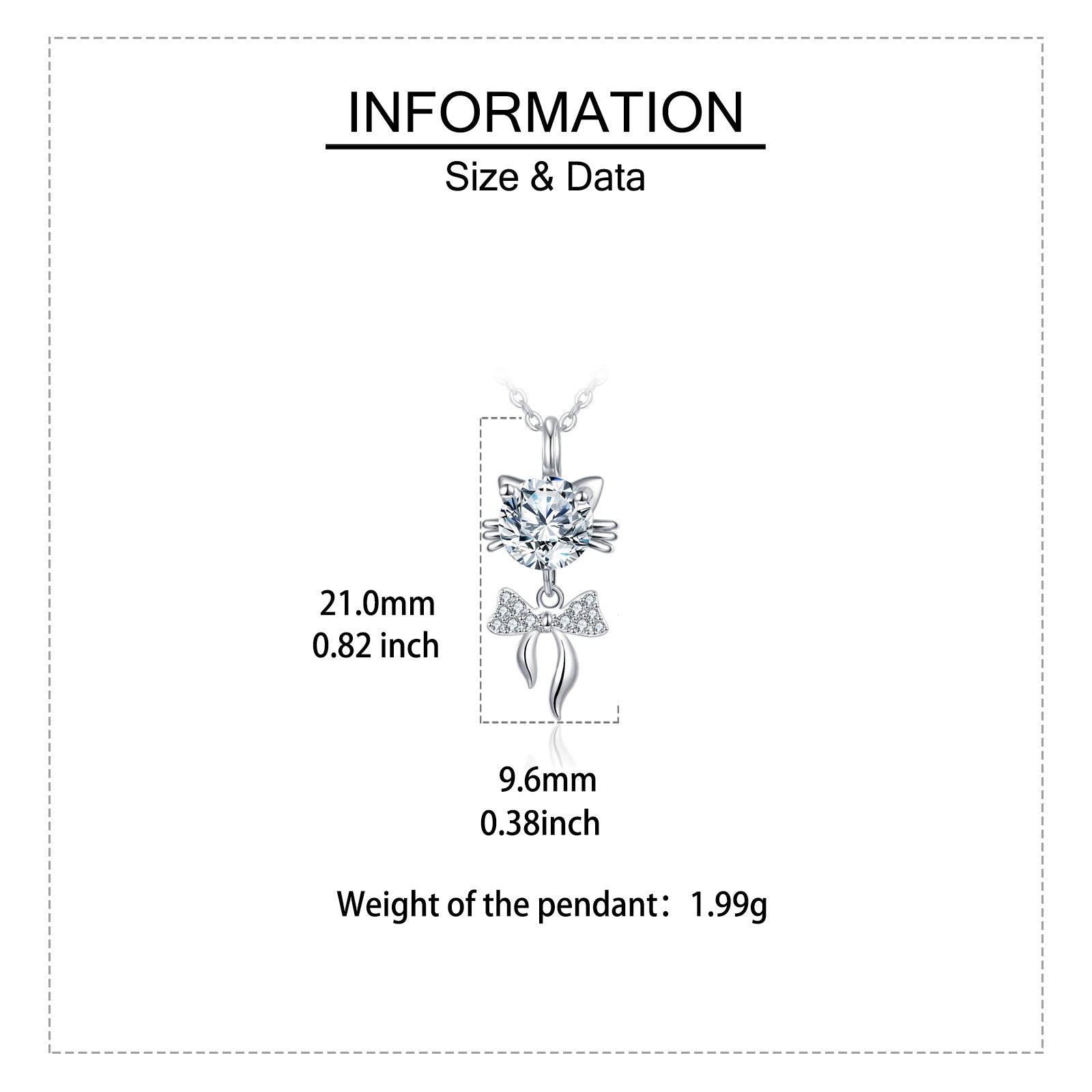 Cat-shaped pendant necklace with crystal bow, 21mm, 1.99g — minimalist luxury jewelry