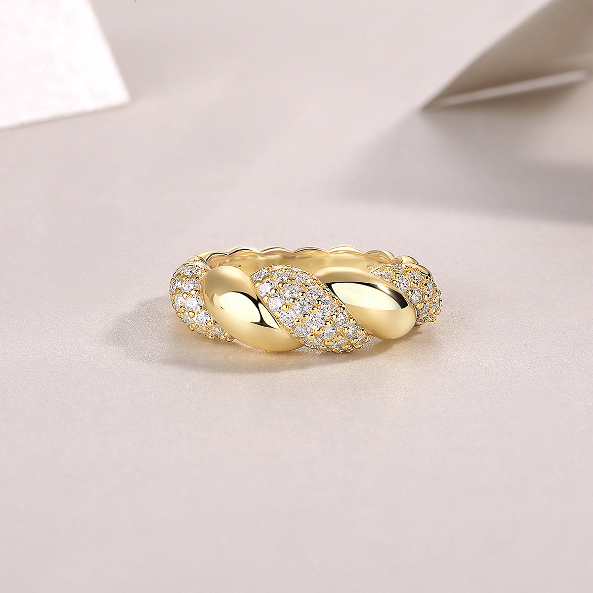 Luxury gold ring with diamond pavé detailing, minimalist design, premium jewelry