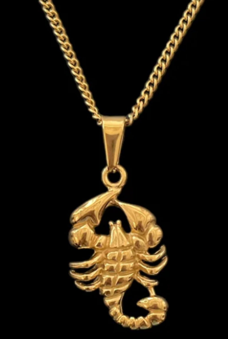 Gold scorpion pendant necklace with curb chain, luxury minimalist jewelry design