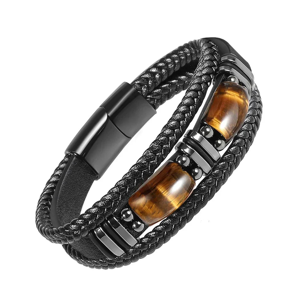 Black braided leather bracelet with tiger eye stones and magnetic clasp, minimalist luxury jewelry