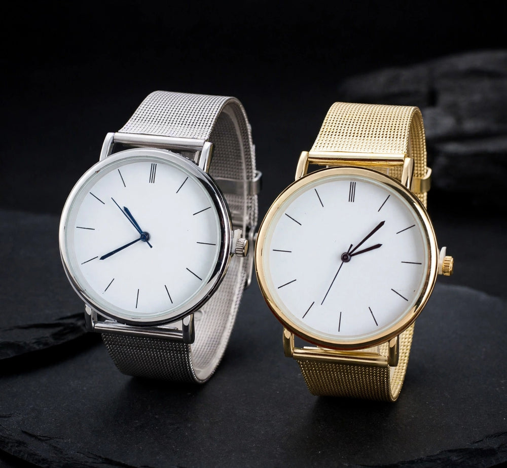 Ultra-thin minimalist watch with mesh band, luxury product photography