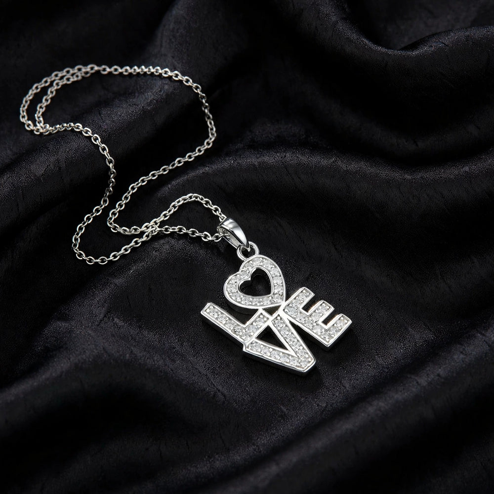 Silver LOVE pavé moissanite heart necklace, luxury jewelry product photography