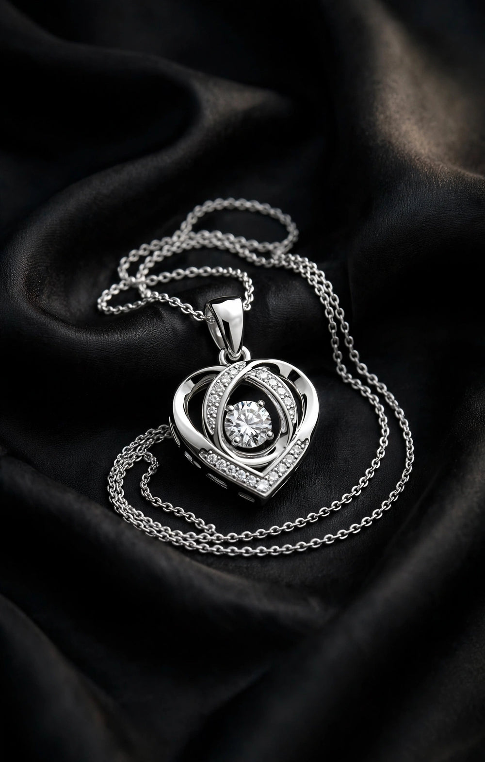 Silver swirl heart moissanite pendant necklace, luxury jewelry product photography